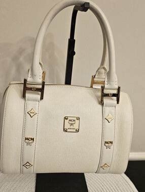 MCM White Leather Boston Satchel Bag Gold Hardware Crossbody Strap